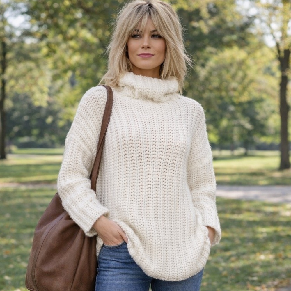 VENUS Ivory Chunky Knit Cowl Neck Sweater Size L
